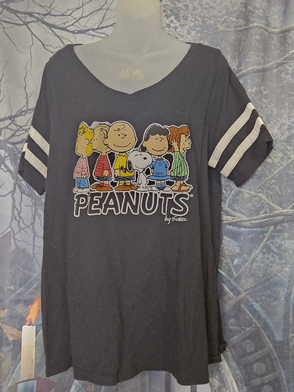 Torrid Peanuts Black Graphic Tee with White Sleeve Stripes